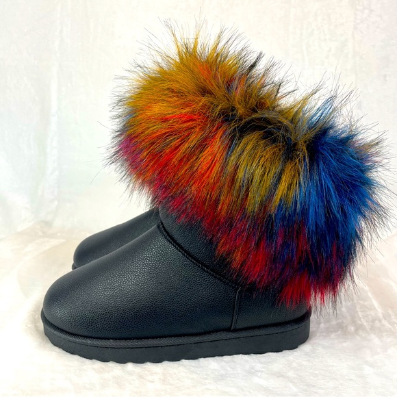 Shoes Fuzzy Faux Leather Chunky Sherpa Lined Winter Boots Black Tie